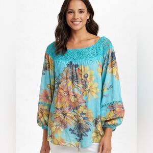 Spense Women’s XL Blue Floral Crochet Balloon Sleeve Boho Festival Blouse